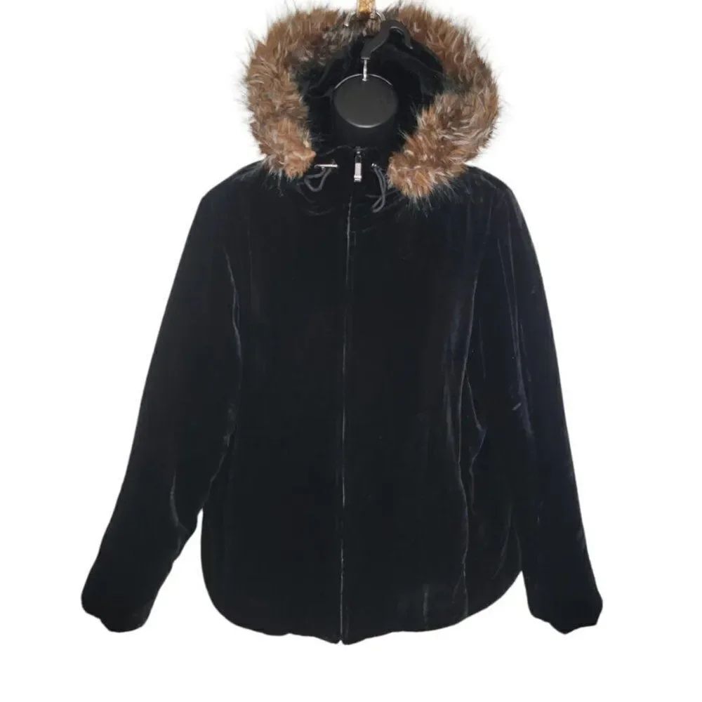 RALPH LAUREN | Fur Trimmed Velvet Hoodie Jacket - size Sm in Black